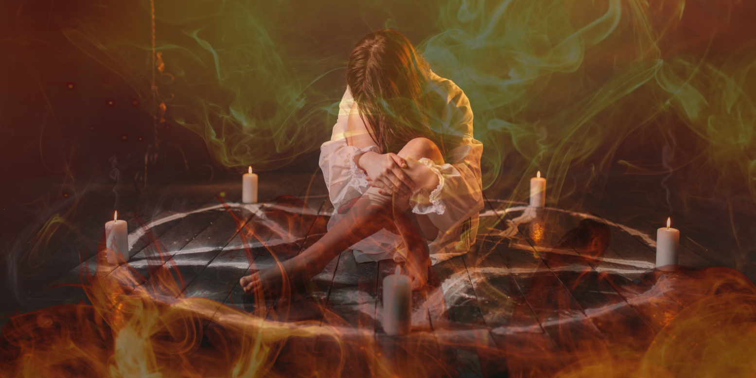 A girl sitting inside a pentagram surrounded by fire